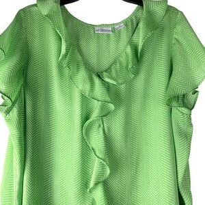 Liz Claiborne Women Plus Size 2X Green Chevron Ruffle V Neck Button Front Blouse